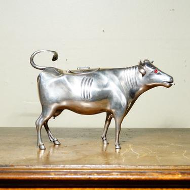 RARE Antique Dutch .934 Silver Cow Creamer With Ruby Eyes, Made In Holland, Decorative Silver Cow Figurine Milk Jug, 6 1/2&amp;quot; L x 4 1/2&amp;quot; H 
