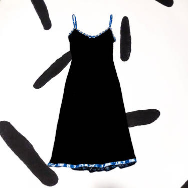 90s Betsey Johnson Spaghetti Strap Swiss Dot Net Slip Dress / Floral Trim / Bow / Blue Ribbon / Size Petite / Grunge / Bra Strap / Midi / 