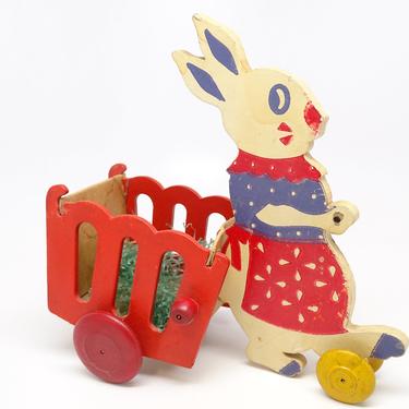 1930's Bunny Rabbit Pull Toy for Easter, Antique Wagon Cart Candy Container, Vintage Toy Decor 
