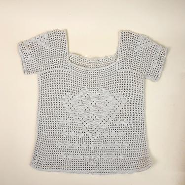 Vintage 1970s Beige Gray Diamond Crochet Top, 70s Boho Hippie Folk, Crochet Hand Made, Size X-Small by Mo
