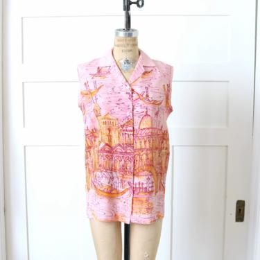 vintage early 1960s novelty print top • sleeveless pink button up blouse with Venetian gondolas • Venice scenes 
