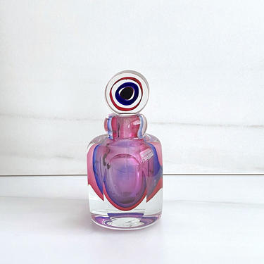 Vintage Italian Faceted Murano Art Glass Sommerso Perfume Bottle Clear, Purple and Fuchsia Colorway with Bullseye Stopper 