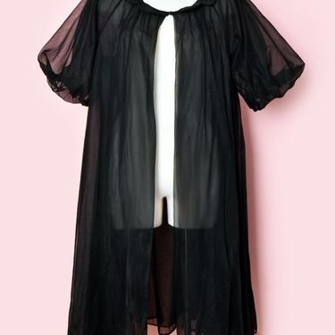 50's Vanity Fair PEIGNOIR Vintage Lingerie, Robe, Black Sheer Double Nylon, Nightgown, Nighty, Size Medium, 1950's 