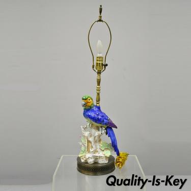 Antique Porcelain Blue Bird Parrot Hollywood Regency Table Lamp