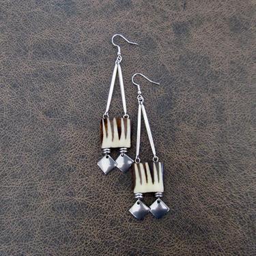 Batik print bone earrings, black and white earrings, African horn earrings, Afrocentric ethnic earrings, bold statement earrings, long 