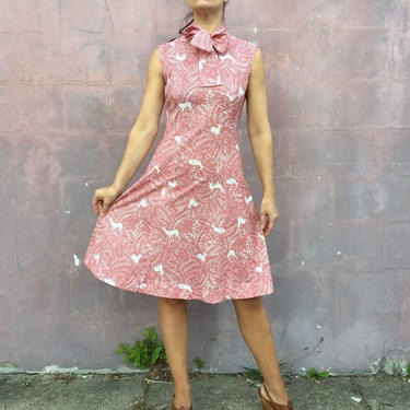 vintage 60s 70s mod dress | deer novelty print sleeveless dress | BLEEKER STREET dress with bow necktie 