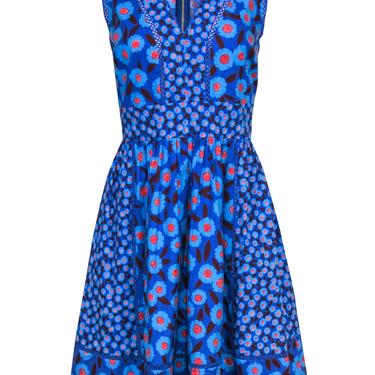 Kate Spade - Blue &amp; Red Floral Print Cotton A-Line Dress w/ Eyelet Trim Sz 14