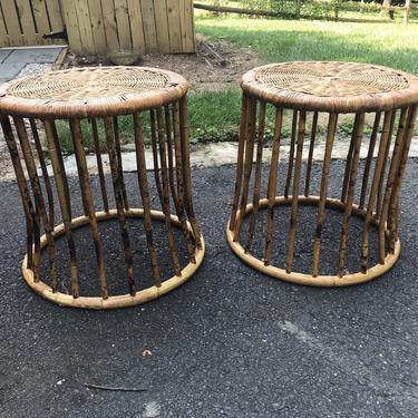 Pair of round bamboo side tables