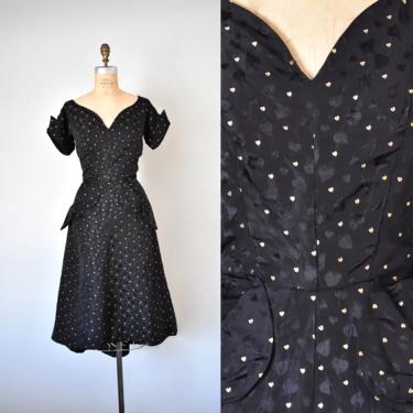 Genevieve hearts and spades 1950s dress, novelty print 50s dress, 1940s gold and black dress 