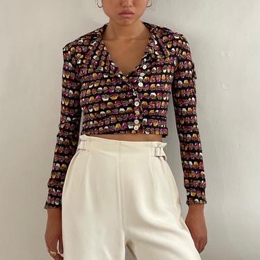 70s cropped blouse / vintage wool jersey knit gardening novelty cropped jacket blouse / flower pot blouse | XS S 