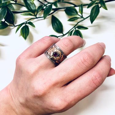 Vintage Silver Ring, Flower Design, Red Stone, Ruby Ring, Floral Design, Thick Band, Band Ring, Vintage Jewelry, July Birthstone, Rose Gold 