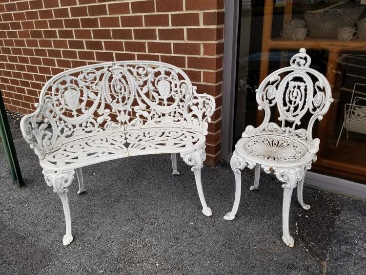 Vintage wrought iron Victorian style garden bench and chair