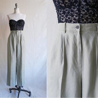 Vintage 90s Sage Linen Trousers/ 1990s High Waisted Straight Leg Light Green Grey Pants/ Size medium 28 