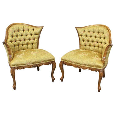 Pair of Vintage French Tufted Fireside Ladies Parlor Arm Chairs 