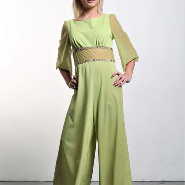Vintage 1960s Movie Star Palazzo Loungewear Jumpsuit, Small Women, Green Slinky Nylon Tricot, Wide Leg, Comfort Wear 