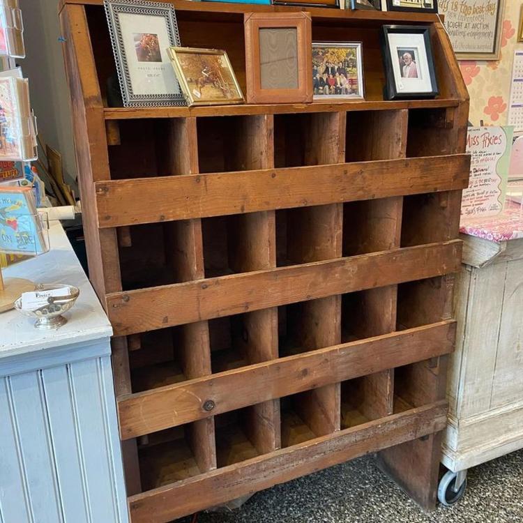 Twenty hole antique cubby shelf, 39” x 12.5” x 61” 