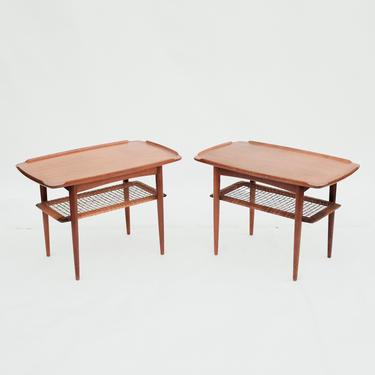 Danish Modern Selig Side Tables / Pair / Made in Denmark / Cane Shelf Side End Tables / Knud and Erik Christensen / Poul Jensen 