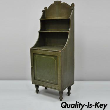 19th C Green Painted Primitive Colonial Small Book Stand Shelf Etagere Cabinet