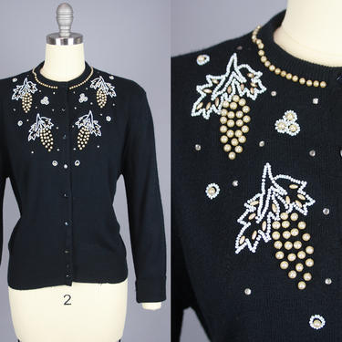 1950s Beaded CARDIGAN | Vintage 50s Black Orlon Acrylic Sweater with White Beads &amp; Pearl Details | medium / large 
