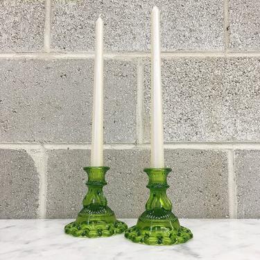 Vintage Candlestick Holders Retro 1960s Mid Century Modern + Westmoreland + Doric Lace + Green Glass + Set of 2 Matching + MCM + Home Decor 