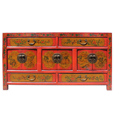 Chinese Distressed Brick Red Graphic Low TV Console Table Cabinet cs5193E 