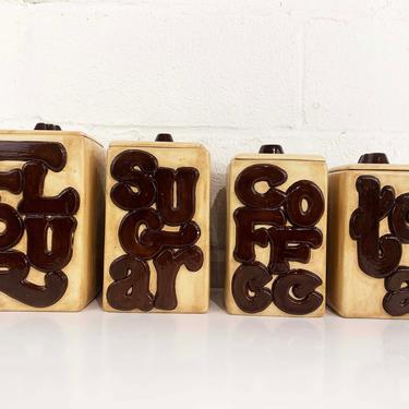 Vintage Groovy Ceramic Canisters Set of Four Kitsch 1970s 70s Brown Tan Mid-Century Kitchen Retro Cute Kitschy Kitsch Kawaii Handmade 1980s 