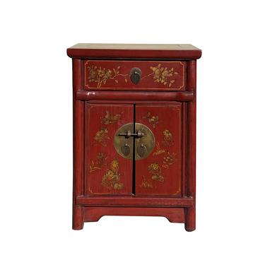 Chinese Rustic Brick Red Golden Graphic End Table Nightstand cs7169E 