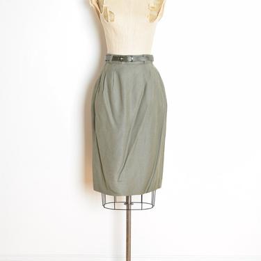 vintage 80s pencil skirt olive green rayon slim secretary narrow belted skirt M clothing 