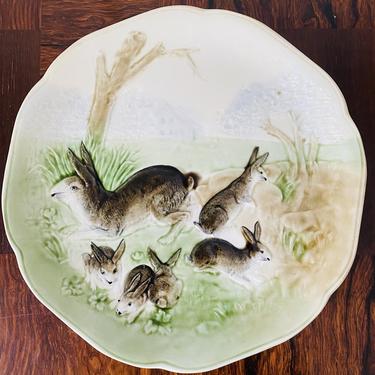 French Majolica Plate with Bunny Motif, c. 1910