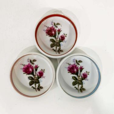Vintage Ceramic Coasters Set of 3 Round Coaster Floral Flowers Housewarming Gift MCM Flower Japan Ring Dish Jewelry Catchall Tray 