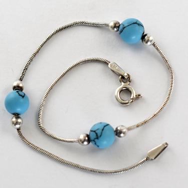 80's Italy FAS 925 silver snake chain with faux turquoise beads bracelet, minimalist sterling blue ceramic beads stacker 