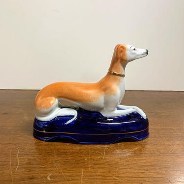 Antique Staffordshire Whippet Greyhound Dog Figurine Cobalt Blue Base 
