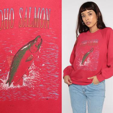 Coho Salmon Sweatshirt Red Fishing Sweatshirt 90s Fish Shirt Crewneck Pullover Shirt Vintage Slouchy Raglan Sleeve Large 