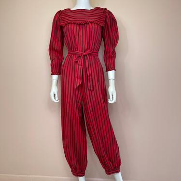 Vtg 70s Patti Cappalli red striped balloon harem onesie jumpsuit M 