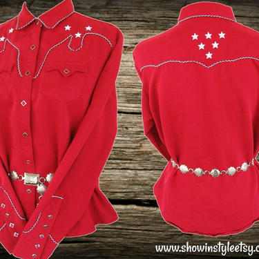 Wrangler Vintage Retro Women's Cowgirl Western Shirt, Western Blouse, Red with Embroidered White Stars, Tag Size Large (see meas. photo) 