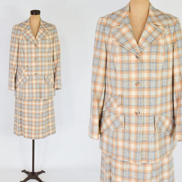 1970s Beige Plaid Wool Suit | 70s Creme &amp; Beige Wool Skirt Suit | Pendleton | Large 
