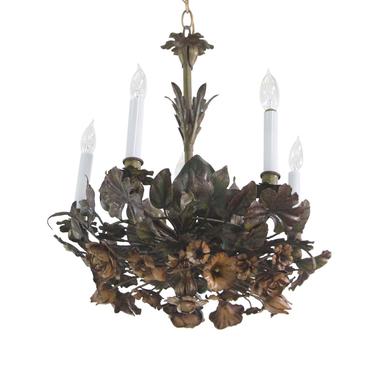 Antique Wrought Iron Italian Floral 5 Arm Chandelier