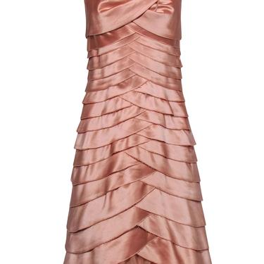 BCBG Max Azria - Blush Pink Strapless Tiered Satin Midi Dress w/ Tulle Hem Sz 8