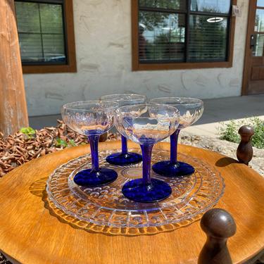 Set of Four Cobalt to Clear Coupe Glasses, Blue Stemware, Champagne Stems, Vintage Drinkware 