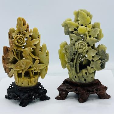 Wonderful Pair of Antique Asian  soapstone Floral Carvings  on a Soapstone Base- 7 1/4&quot; China 