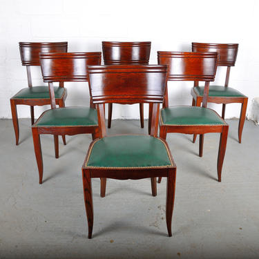 Vintage Set of 6 French Bistro Oak Dining Chairs W/ Green Leather Upholstery 