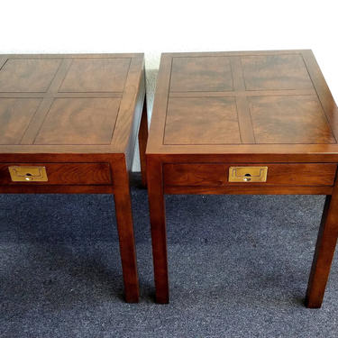 Pair Henredon Campaign Walnut with Parquet Burl Wood End Tables / Nightstands 