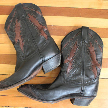 Vintage Black &amp; Brown Patterned Leather Western Boots Women's Size 7M 