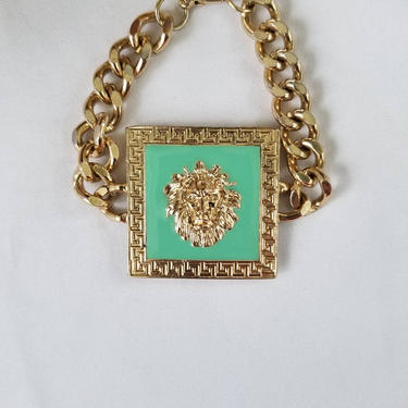 Vintage Enamel Lions Head Bracelet / Bold Statement Bracelet / Gold Tone 90s Glam Bracelet / Chain Link Bracelet / Fashion Costume Jewelry 