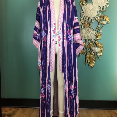 vintage kimono, purple and pink, long cotton robe, Japanese dressing gown, striped floral, one size, border print, house coat, ethnic style 