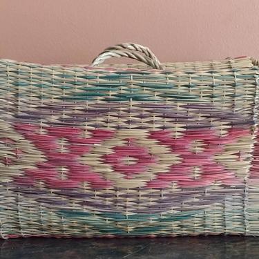 Vintage Handmade Unbranded Woven Straw Basket Summer Picnic Tote Market Sack w/ Handles 20&quot; 