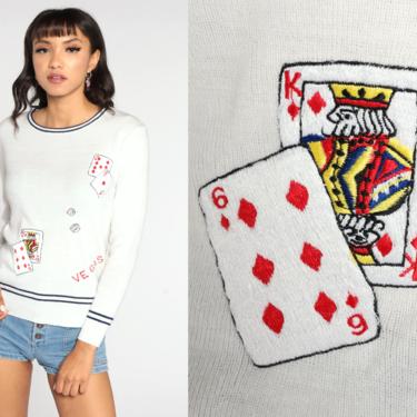 Las Vegas Sweater 70s Vintage Playing Cards Gambling Sweater King of Diamonds Embroidered Sweater Novelty V Neck Pullover 80s Small Medium 