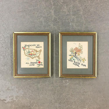 Vintage Embroidery 1960s Retro Size 9X11 Homemade Set of 2 Wood Framed Fiber Art God Bless Our Home and All Roads Lead Home 