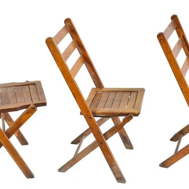 three matching c. 1930's antique american chicago masonic temple varnished maple wood folding chairs with collapsible seats 