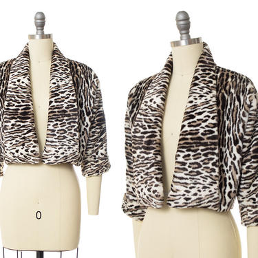 Vintage 1960s Bolero Jacket | 60s Leopard Print Faux Fur Cropped Coat (small) 